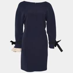 Pre Owned Chloe Navy Blue Crepe Bow Detail Asymmetric Sleeve Shift Dress S