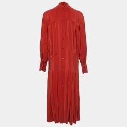 Pre Owned Chloé Red Ochre Crepe Silk High Neck Midi Dress M
