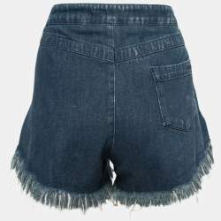 Pre Owned Chloe Blue Denim Drawstring Fringed Shorts M
