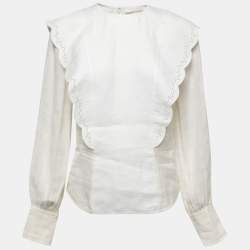 Chloe White Linen Blend Broderie Anglaise Detail Flouncy Scalloped Blouse S