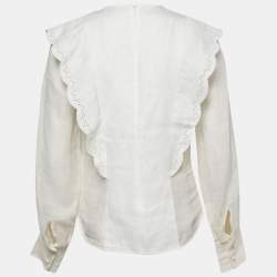 Chloe White Linen Blend Broderie Anglaise Detail Flouncy Scalloped Blouse S