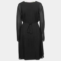 Pre Owned Chloe Black Crepe & Silk Chiffon V-Neck Full Sleeve A-Line Midi Dress M