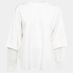 Pre Owned Chloe White Textured Cotton Lace Paneled Long Sleeve Top M