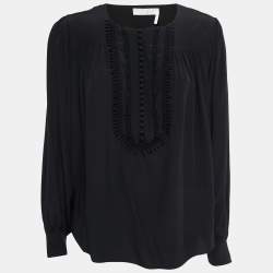 Pre Owned Chloe Navy Black Silk Lace Trimmed Long Sleeve Blouse M