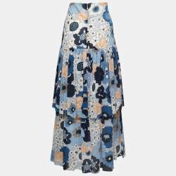 Chloe Blue Floral Printed Textured Cotton Tiered Midi Skirt L