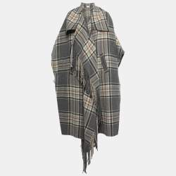 Chloe Grey/Pink Checked Wool Fringed Cape S