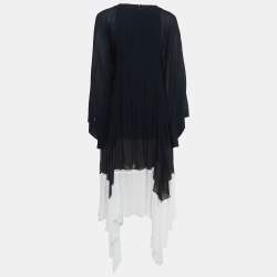 Pre Owned Chloe Navy Blue/Black Chiffon Pleated Bell Sleeve Midi Dress M