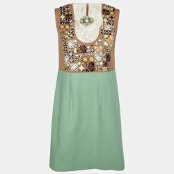 Pre Owned Chloe Green & Brown Cotton Embellished Mini Dress M