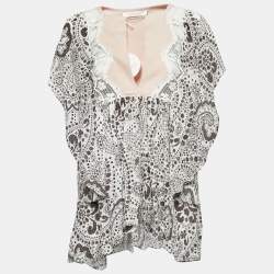 Chloe White/Brown Floral Print Silk Ruffled Boho Kaftan Blouse L