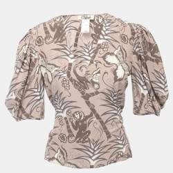 مملوكة مسبقًا Chloé  Light Brown All-Over Print Silk Wrap On Blouse M