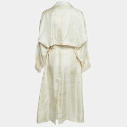 Chloe White Print Silk Open Front Belted Long Coat M