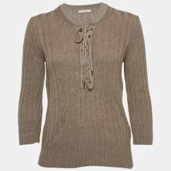 Chloe Dark Beige Wool and Linen Lace Tie up Detail Sweater M