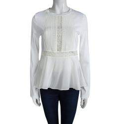 Pre Owned Chloe White Cotton Lace Insert Detail Ruffle Bottom Long Sleeve Top S