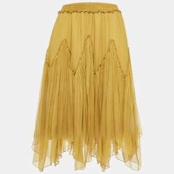 Chloe Yellow Silk Gathered Asymmetric Midi Skirt S