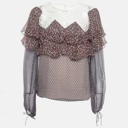 Chloe Multicolor Printed Lace Trim Silk Ruffled Blouse M
