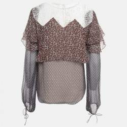 Chloe Multicolor Printed Lace Trim Silk Ruffled Blouse M