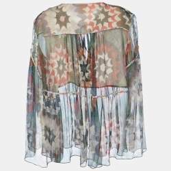 Pre Owned Chloe Green Rosace Patchwork Print Silk Crepe Flared Blouse L 
