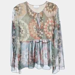 Pre Owned Chloe Green Rosace Patchwork Print Silk Crepe Flared Blouse L 