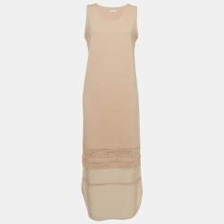 Pre Owned Chloe Beige Crochet Trim Wool Knit Sleeveless Maxi Dress M