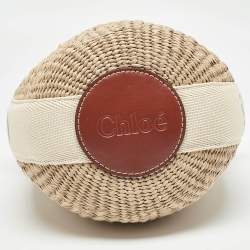 Pre Owned Chloe Beige/Tan Raffia and Leather Small Woody Bucket Bag
