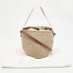 Pre Owned Chloe Beige/Tan Raffia and Leather Small Woody Bucket Bag