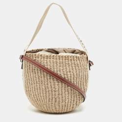 Pre Owned Chloe Beige/Tan Raffia and Leather Small Woody Bucket Bag