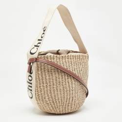 Pre Owned Chloe Beige/Tan Raffia and Leather Small Woody Bucket Bag