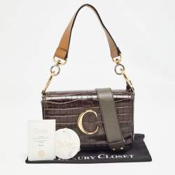 Pre Owned Chloe Dark Grey/Brown Croc Embossed Leather C Top Handle Bag