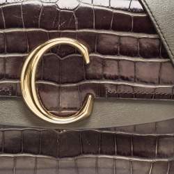 Pre Owned Chloe Dark Grey/Brown Croc Embossed Leather C Top Handle Bag