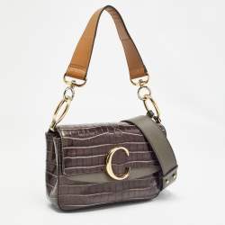 Pre Owned Chloe Dark Grey/Brown Croc Embossed Leather C Top Handle Bag