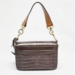 Pre Owned Chloe Dark Grey/Brown Croc Embossed Leather C Top Handle Bag