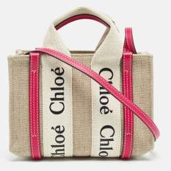 Pre Owned Chloe Pink/Beige Canvas and Leather Mini Woody Tote