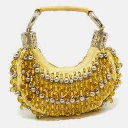 Pre Owned Chloe Yellow Fabric Embellished Crescent Hobo