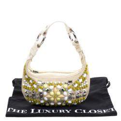 Pre Owned Chloe Cream Canvas Multi Stone Embellished Shoulder Bag