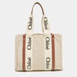 Chloe Beige/Brown Canvas and Leather Medium Woody Tote