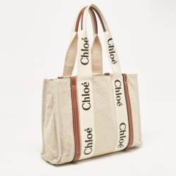 Chloe Beige/Brown Canvas and Leather Medium Woody Tote