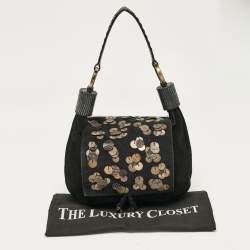 Pre Owned Chloe Black Leather and Suede Embellished Flap Hobo