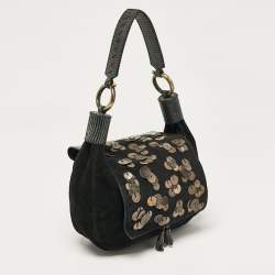 Pre Owned Chloe Black Leather and Suede Embellished Flap Hobo
