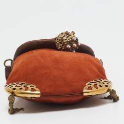 Chloe Brown Suede Embellished Flap Chain Clutch