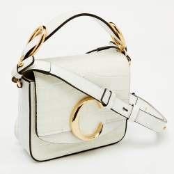 Pre Owned Chloe White Croc Embossed Leather Mini C Flap Top Handle Bag