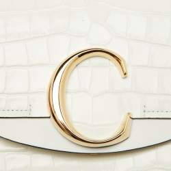 Pre Owned Chloe White Croc Embossed Leather Mini C Flap Top Handle Bag