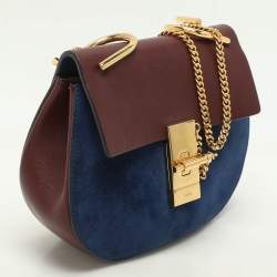 Pre Owned Chloe Dark Brown/Blue Leather and Suede Small Drew Shoulder Bag