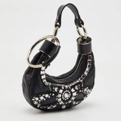 Pre Owned Chloé Black Leather Mini Crystal Embellished Crescent Hobo