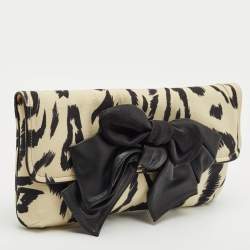 Chloe Cream/Black Printed Fabric Bow Clutch