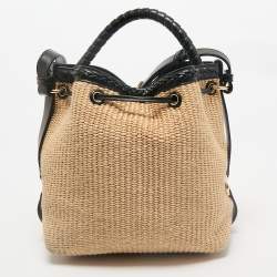 Chloe Beige/Black Raffia and Leather Marcie Bucket Bag