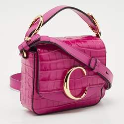 Chloé Pink Croc Embossed Leather Mini C Top Handle Bag