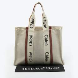 Chloé Beige/Brown Canvas and Leather Large Woody Tote
