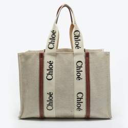 Chloé Beige/Brown Canvas and Leather Large Woody Tote