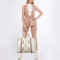 Chloé Beige/Brown Canvas and Leather Large Woody Tote