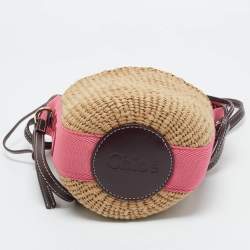 Chloé Beige/Pink Raffia and Canvas Small Woody Basket Bag